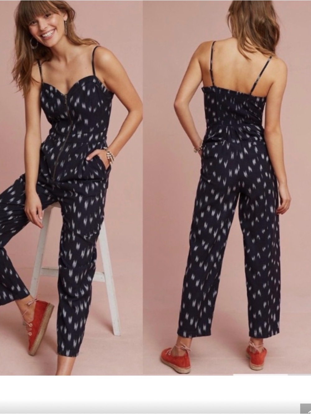 Anthropologie Elevenses Ikat NavyJumpsuit Size 4